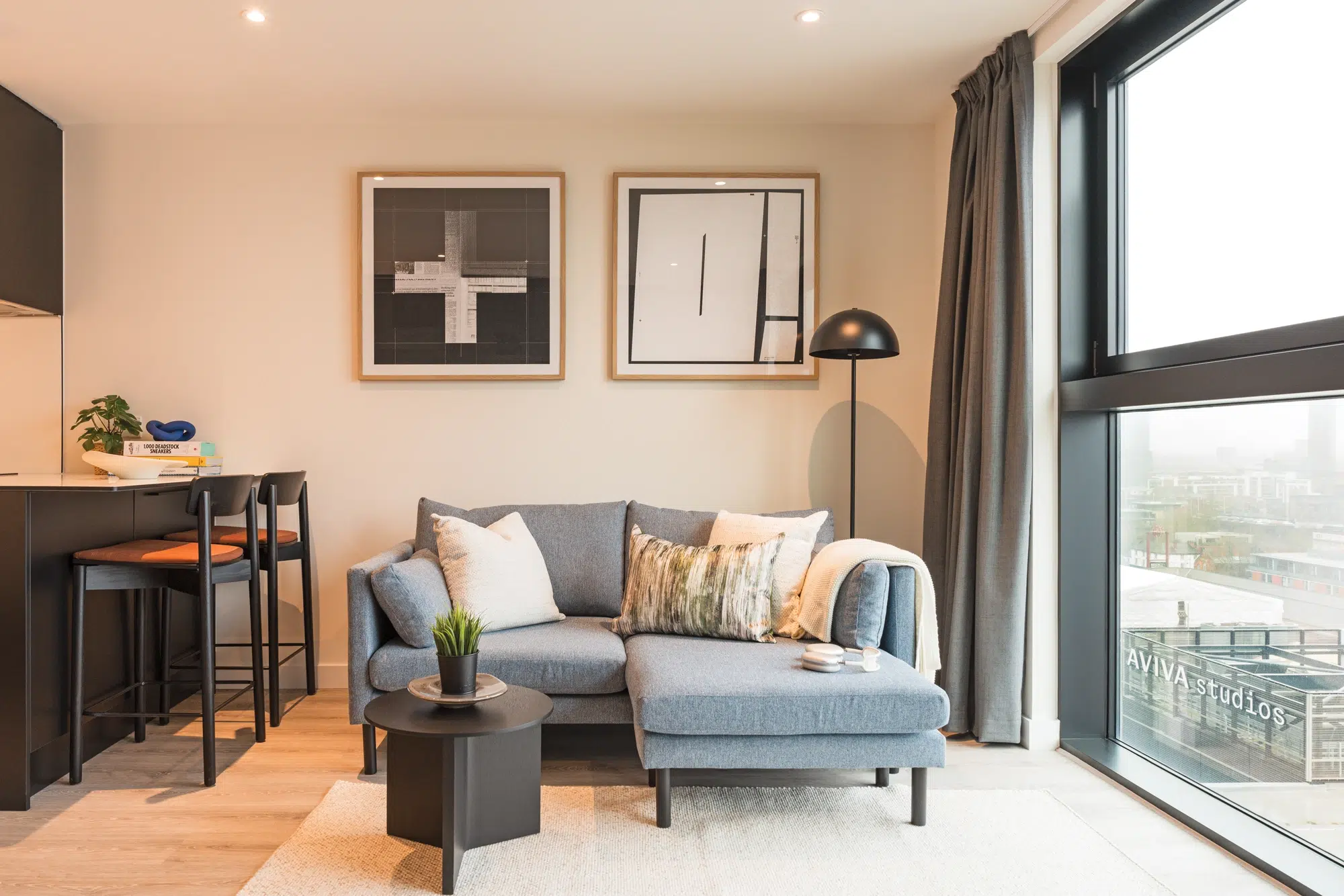 studio apartment living area sofa