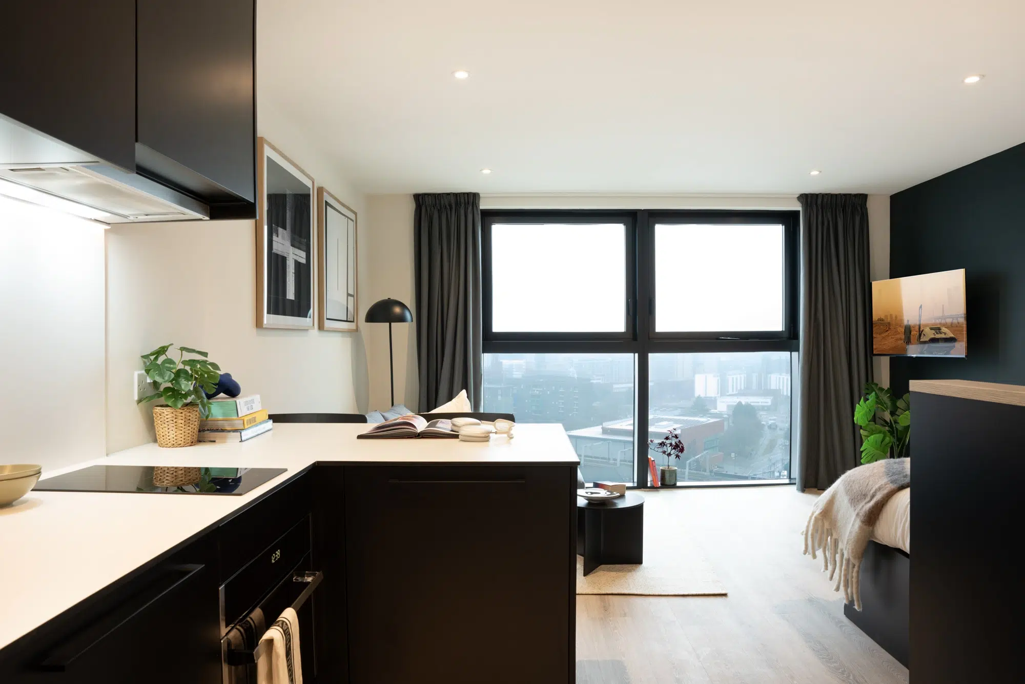 studio apartment kitchen and window shot