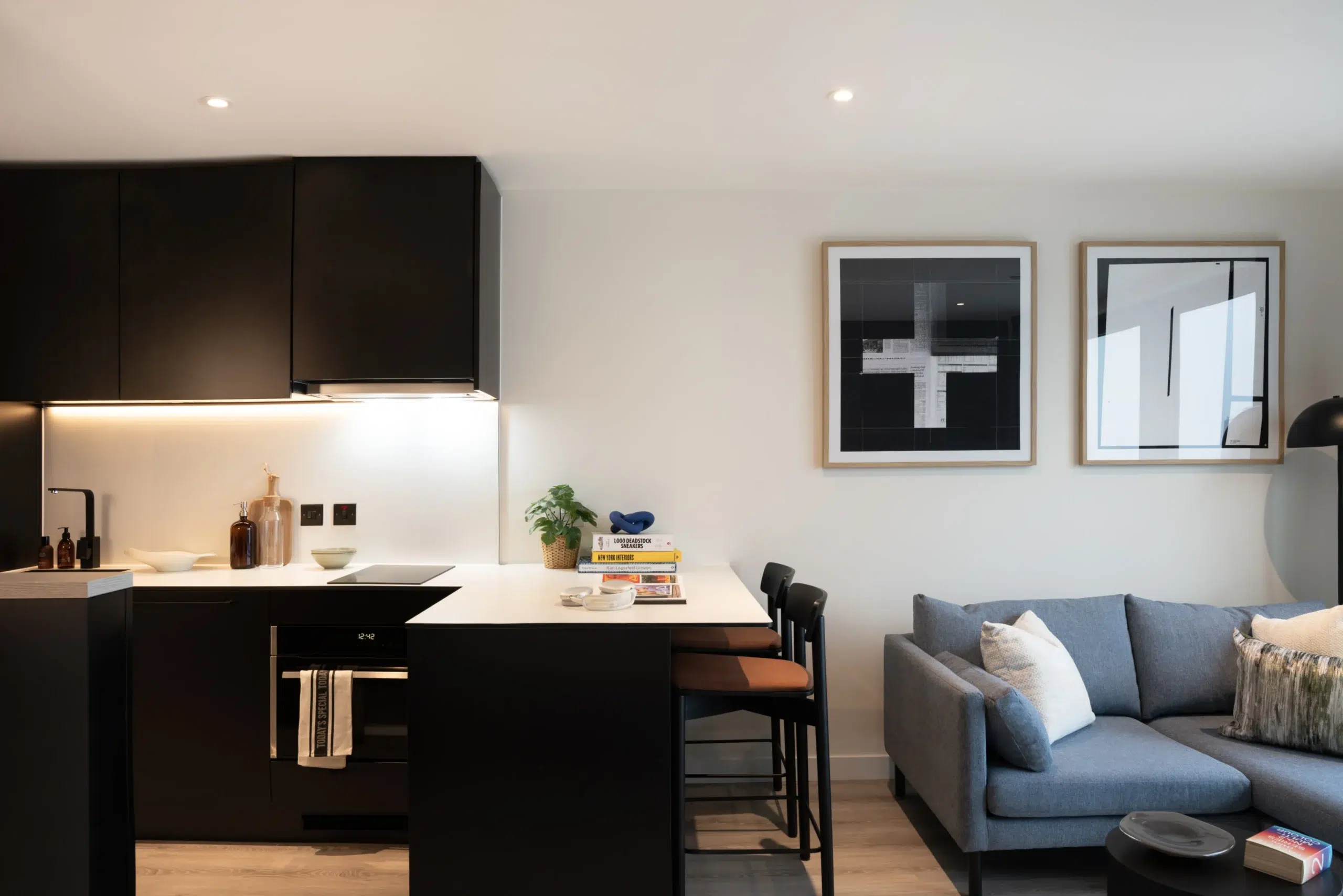 studio apartment living area and kitchen worktop
