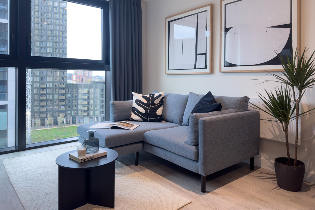 studio apartment living area with window